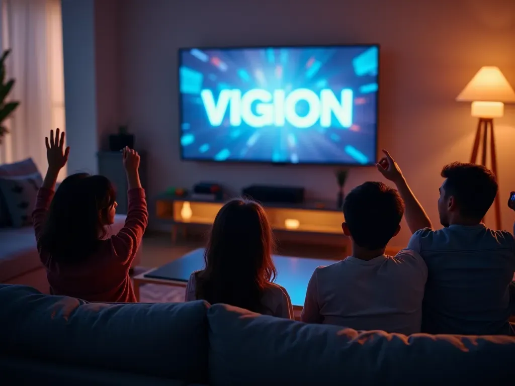 A group of diverse gamers cheering around a large screen displaying victory messages in a modern living room setting with comfortable seating and ambient lighting representing positive community spirit