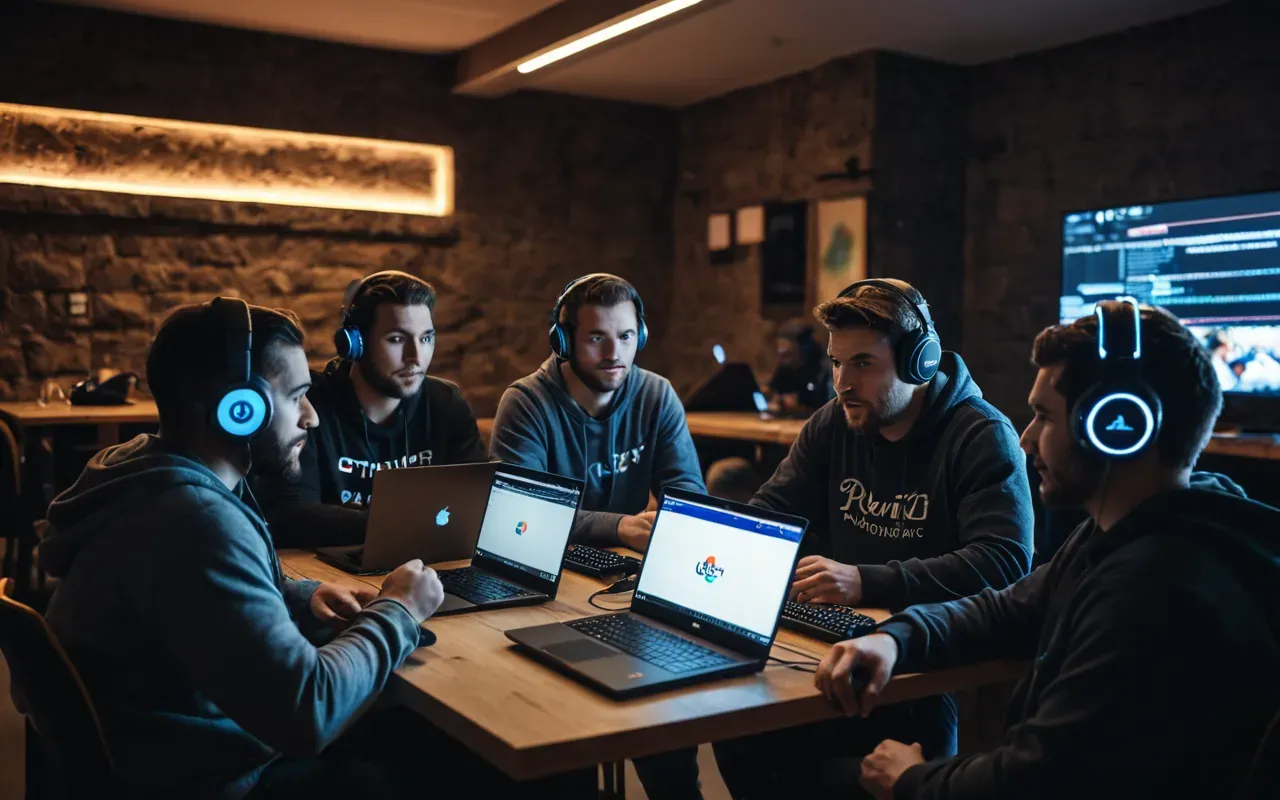 A group of diverse gamers sitting around a table with laptops and headsets. The room is dimly lit with ambient RGB lighting strips on the walls. They are focused intensely on their screens showing abstract game interfaces. No brand logos or text visible.