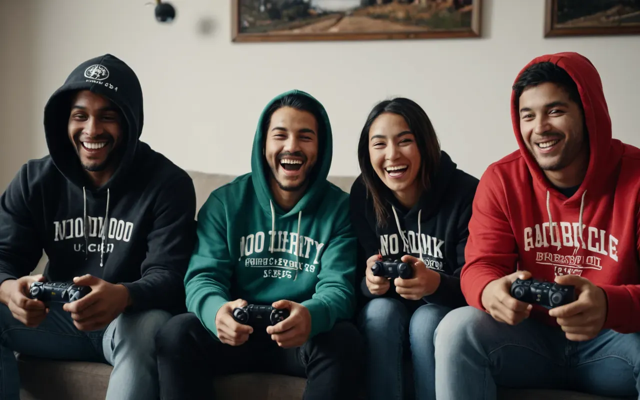 A group of four diverse gamers sitting together laughing and celebrating a victory on screen. They are wearing casual hoodies and holding controllers. The room has warm ambient lighting and posters of sci-fi art in background.