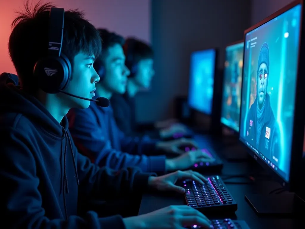 A group of gamers sitting in a dimly lit room with blue LED lighting on their faces watching intense gameplay action on large high definition monitors.