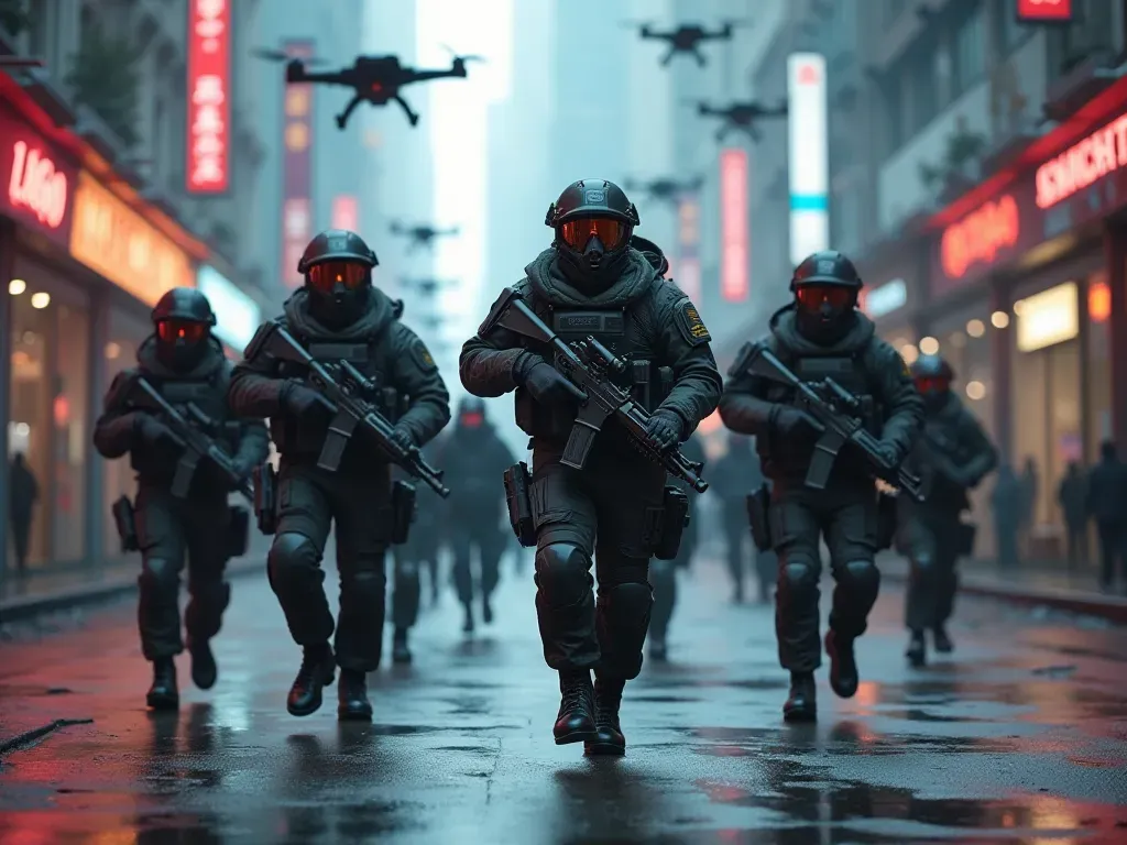 A group of soldiers in tactical gear running through a futuristic urban plaza with neon lights reflecting off wet pavement and hovering drones above.