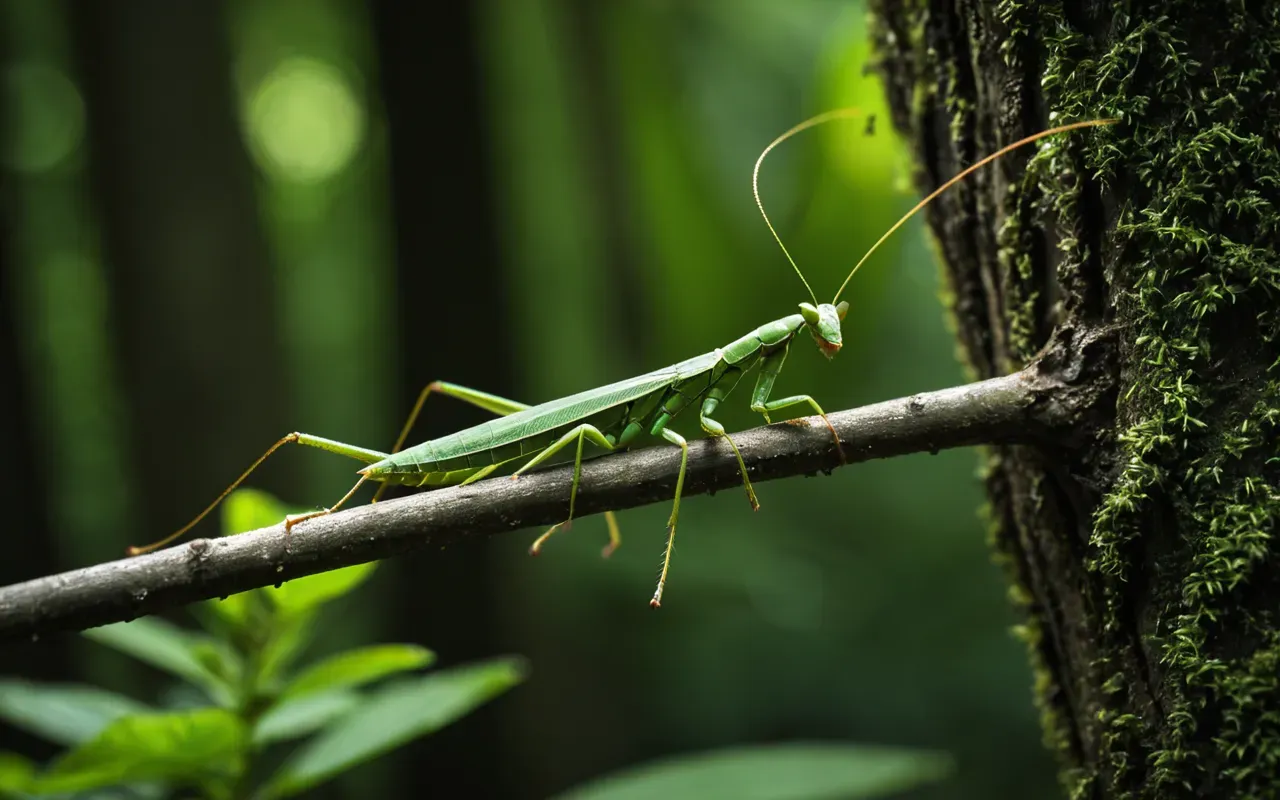 A hyper-realistic close-up photo of a green stick insect perfectly blended onto a textured tree branch in lush forest foliage. The lighting is soft and natural dappled sunlight filtering through leaves creating deep shadows that enhance the camouflage effect making the insect nearly invisible against the bark surface.