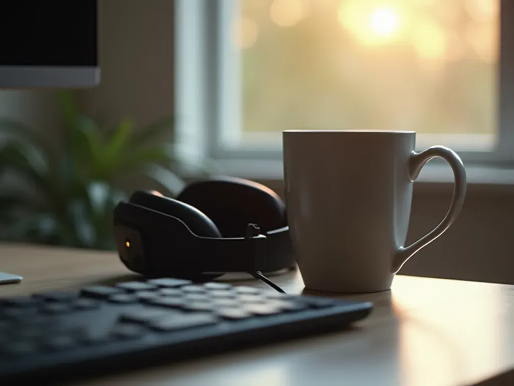A minimalist photo of a single gaming headset resting on a desk next to a coffee cup. Soft morning light illuminates the scene creating a calm atmosphere.