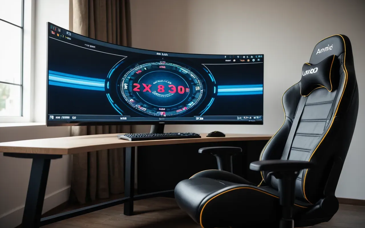 A modern gaming room with a large curved monitor displaying abstract colorful graphics and a comfortable ergonomic chair positioned in front of it under soft ambient lighting.
