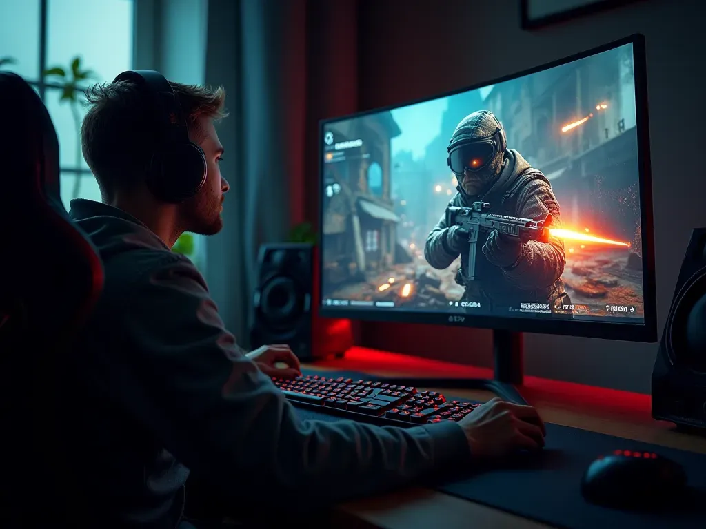 A modern gaming setup with a high performance monitor displaying a tactical shooter game interface in the dark room.