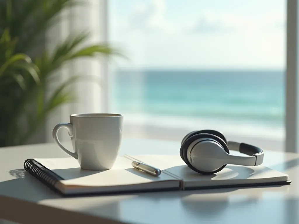 A modern minimalist desk with a white ceramic coffee cup, a sleek wireless headset resting on a notebook, and soft natural window light illuminating the clean surface, editorial photography