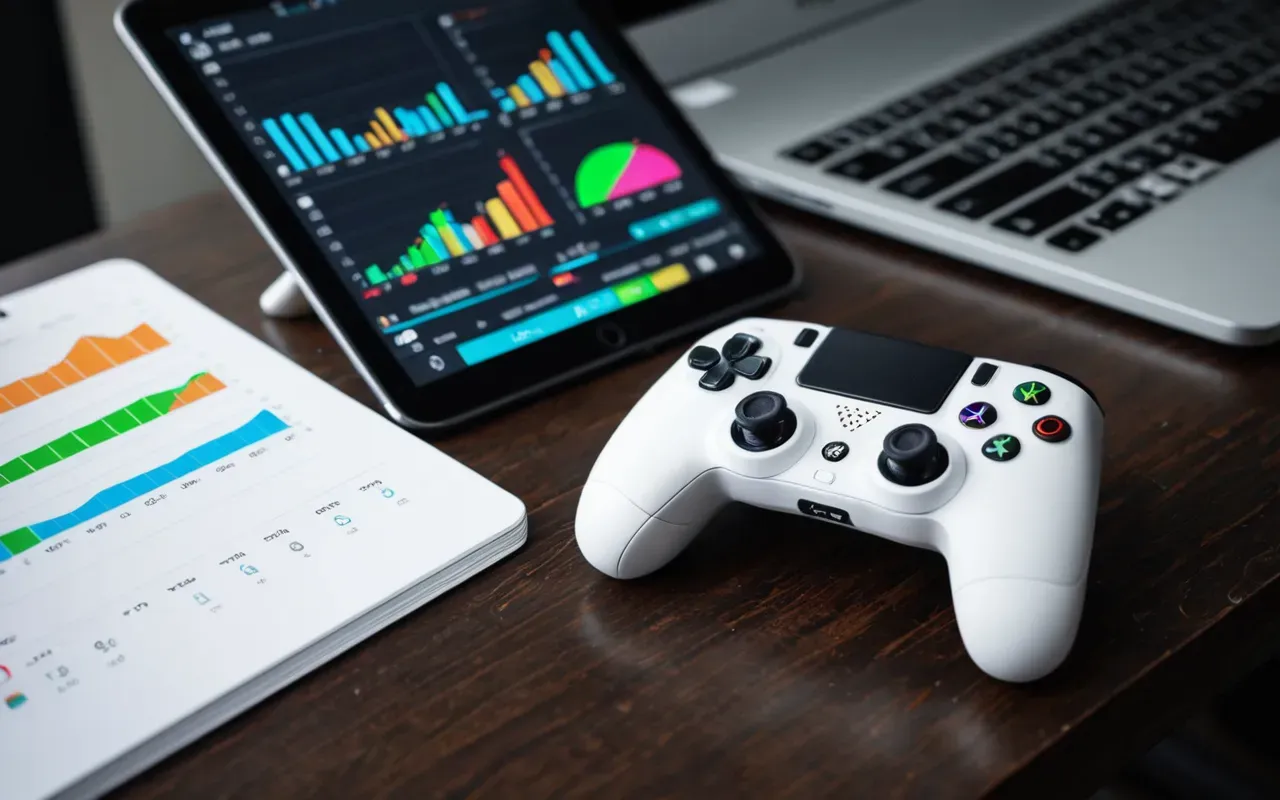 A modern white game controller with black accents resting on a dark wooden desk next to a smartphone displaying colorful graphs and charts in bright blue and green tones under soft studio lighting.