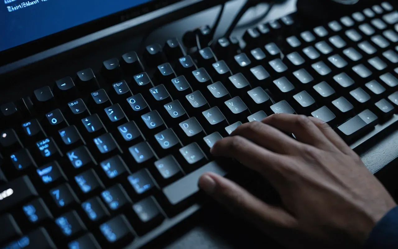 A pair of hands typing rapidly on a mechanical keyboard with illuminated keys in dark blue tones captured from an overhead angle showing focused attention.