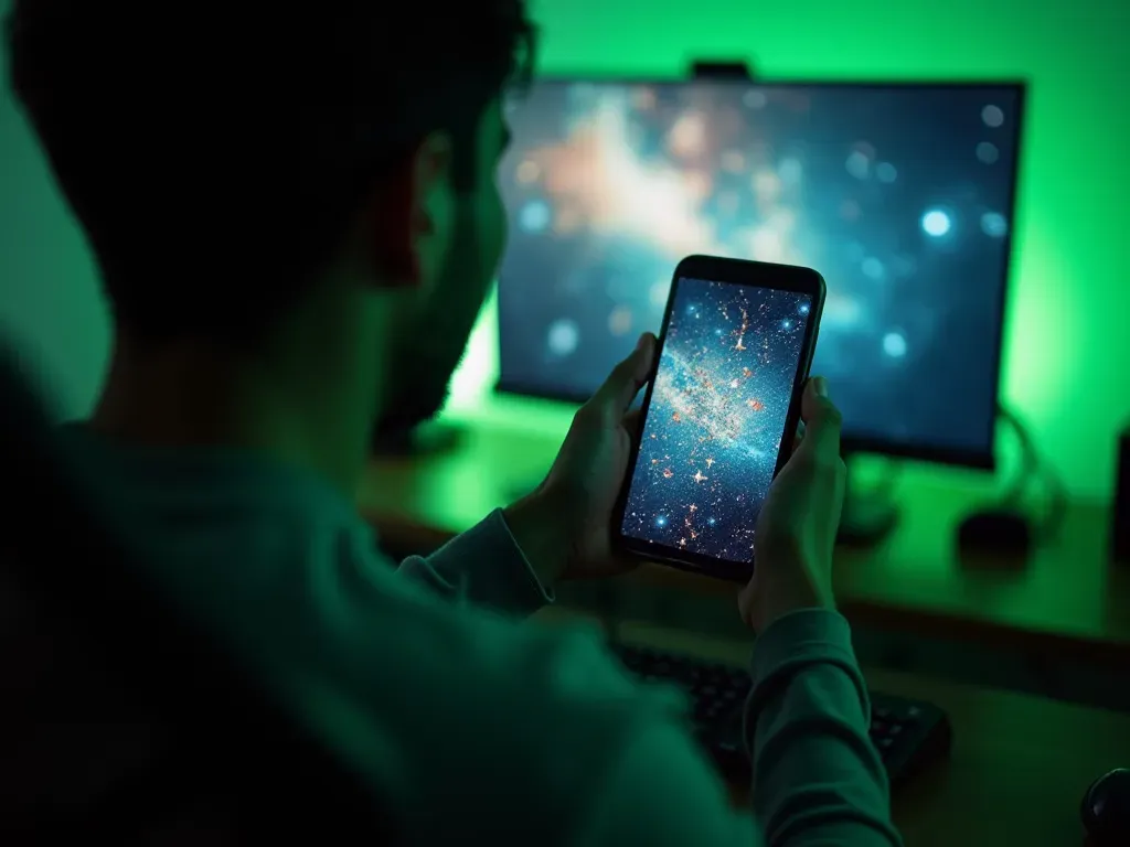 A person holding a smartphone showing abstract geometric patterns while standing near a gaming setup with green ambient lighting and no visible text on the screen