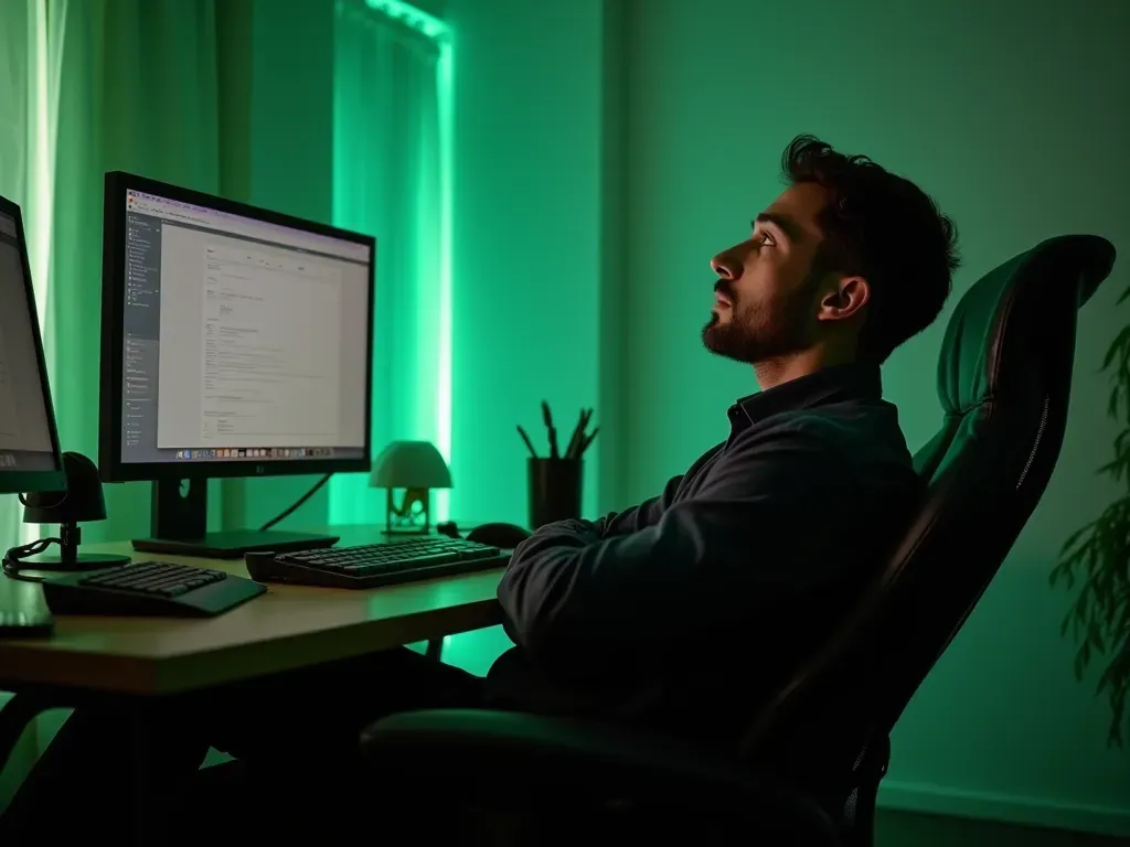 A person leaning back in an ergonomic chair with arms crossed looking thoughtful near a desk setup with green lighting accents and no visible text or screens showing content