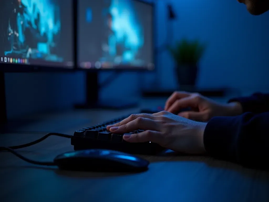 A person resting their hands on a gaming keyboard after a long play session with blue ambient lighting in a quiet room and no visible text or screens showing content