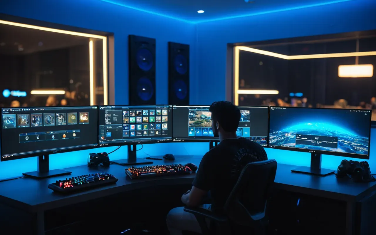 gaming setup focus mode A person sitting at a gaming desk with multiple monitors showing game interfaces and chat windows in a dimly lit room with blue ambient lighting from LED strips.