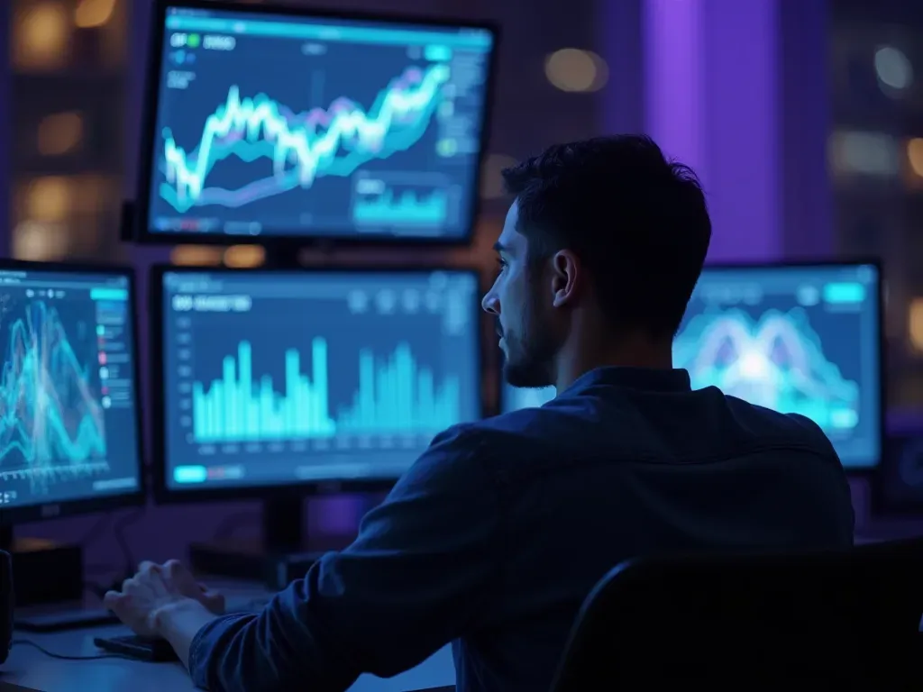 A person sitting at a modern desk setup with multiple monitors displaying abstract glowing graphs and geometric patterns in blue and purple hues, focused expression on their face under soft ambient lighting.