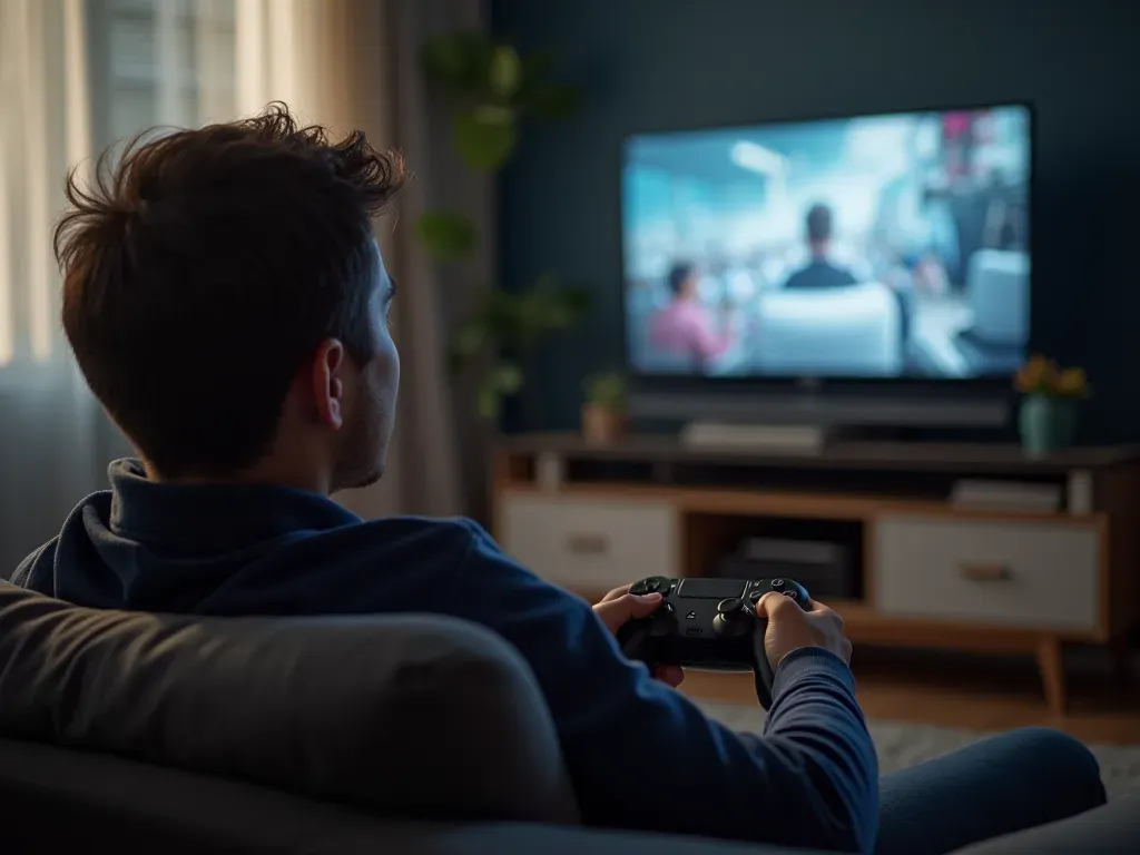 A person sitting comfortably on a modern sofa holding a wireless controller with focused attention directed toward an unseen television screen in front of them.