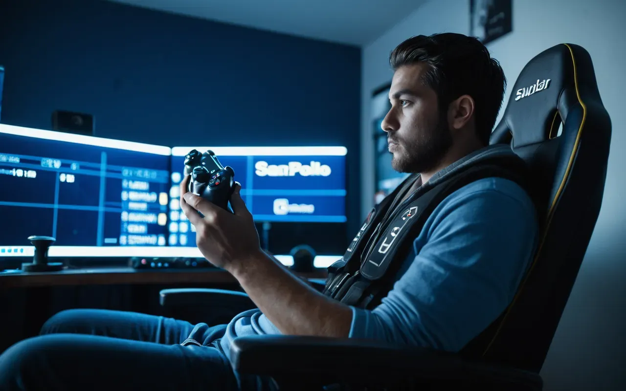 A person sitting in a gaming chair with their hand on the controller looking focused and determined with soft blue lighting illuminating the room from behind creating a calm atmosphere without any visible screens or text