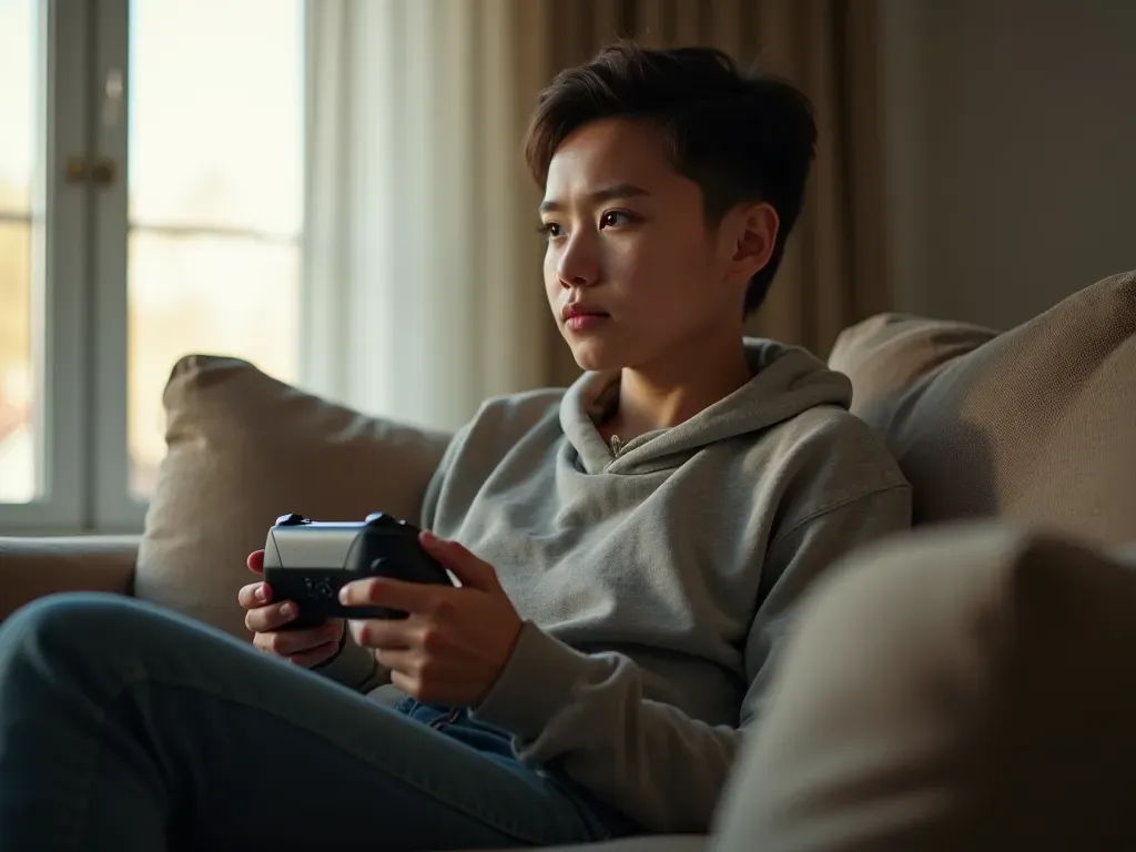 A person sitting on a comfortable sofa holding a game controller with their eyes focused forward in a relaxed posture while natural daylight streams through large glass windows.