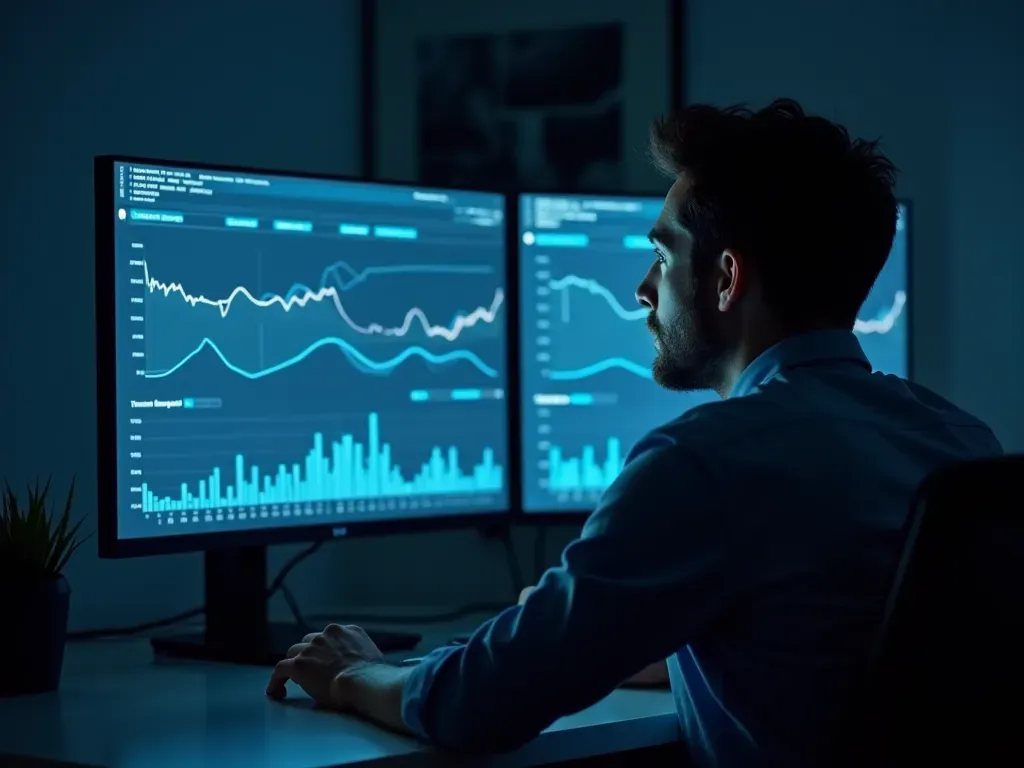A person staring intently at a computer monitor displaying abstract data visualizations in a dimly lit room with blue ambient lighting and no visible text on the screen