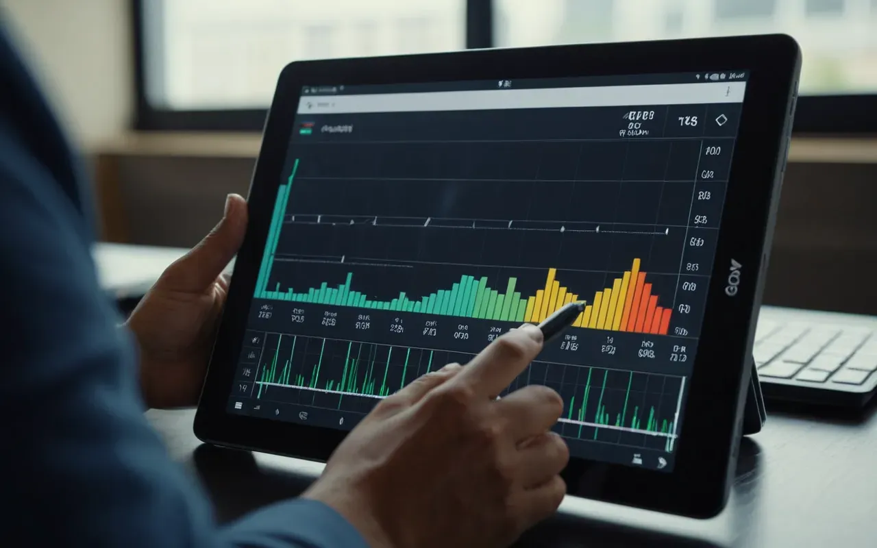 A person using a stylus to interact with a tablet screen displaying abstract progress charts and colorful bars in a modern workspace setting.
