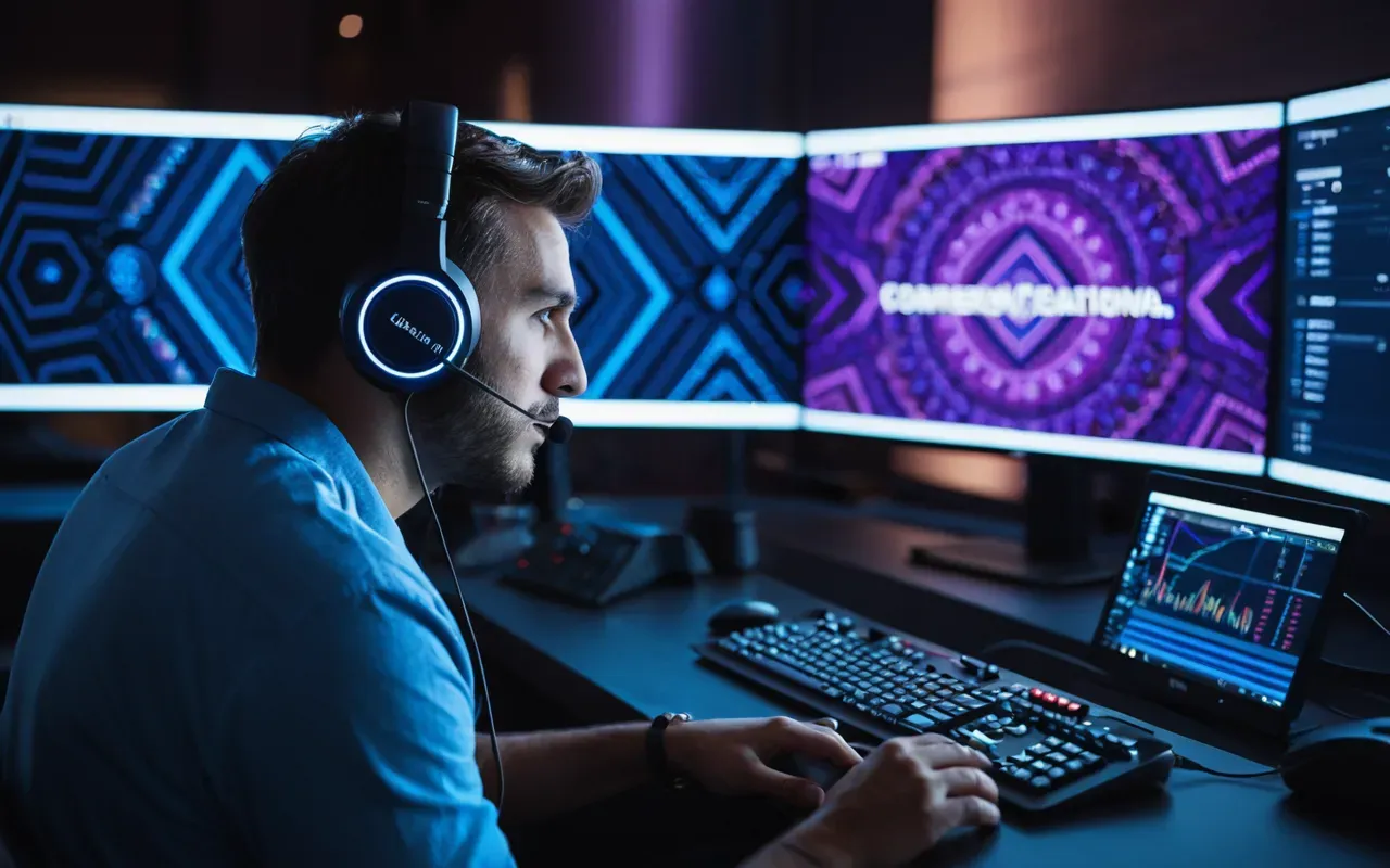 A person wearing a headset looks focused on a dual-monitor setup displaying abstract geometric shapes in blue and purple tones with soft ambient lighting.