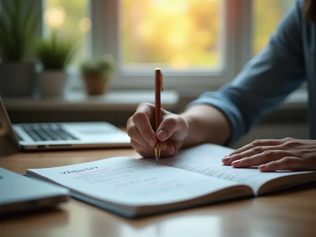 A person writing notes in a physical notebook next to a laptop on a wooden desk with soft natural lighting from a window and no visible text on the page