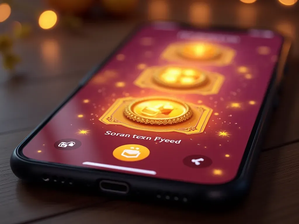 A photorealistic close-up of a smartphone screen displaying a vibrant gacha-style reward interface with glowing golden ticket icons and animated sparkles in the background. The lighting is dramatic blue and gold, emphasizing luxury and digital value without any text or readable numbers.