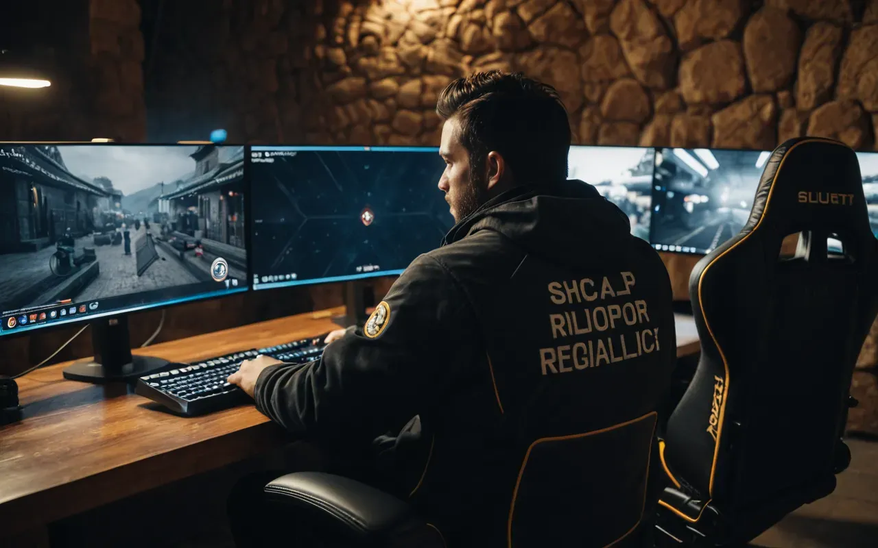 A player sitting in a gaming chair surrounded by multiple monitors displaying first-person shooter gameplay with intense focus on their face illuminated by screen light. No text visible.