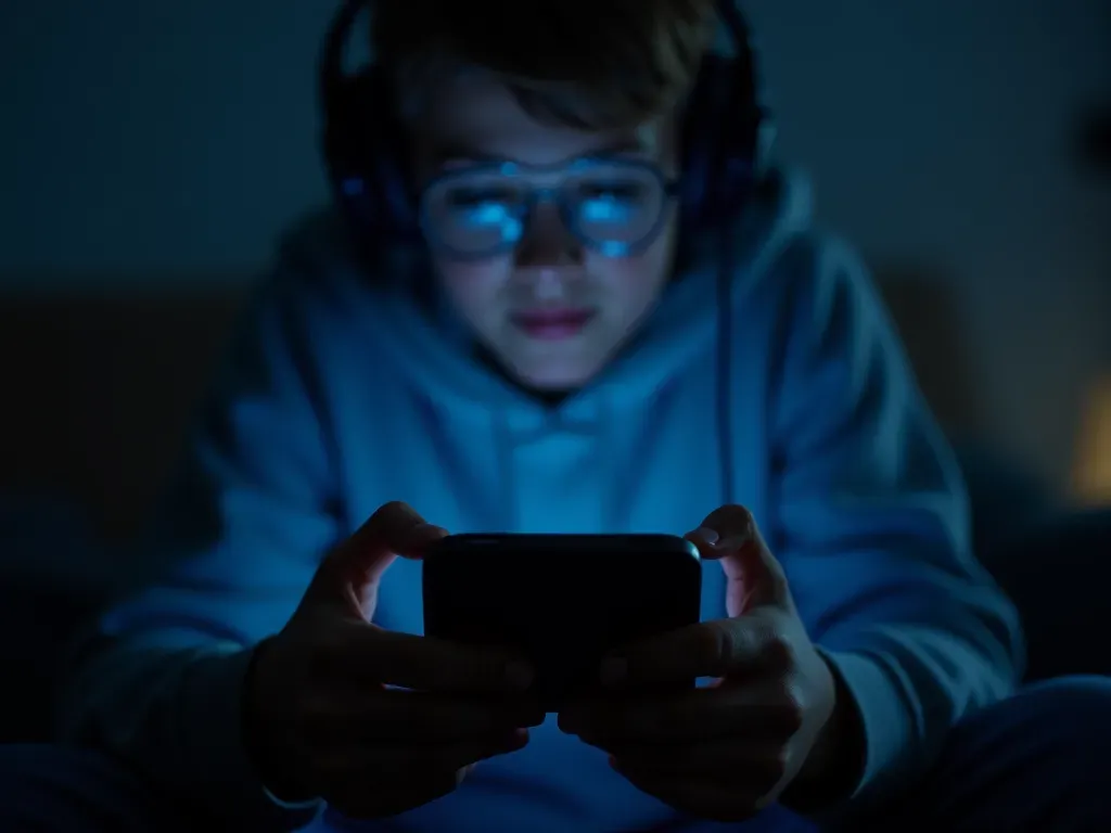 A realistic photo of a gamer holding a smartphone with both hands in a dimly lit room. The screen emits a cool blue glow illuminating their focused expression. In the blurred background, shelves hold various gaming figurines and tech gear without any visible branding or text.