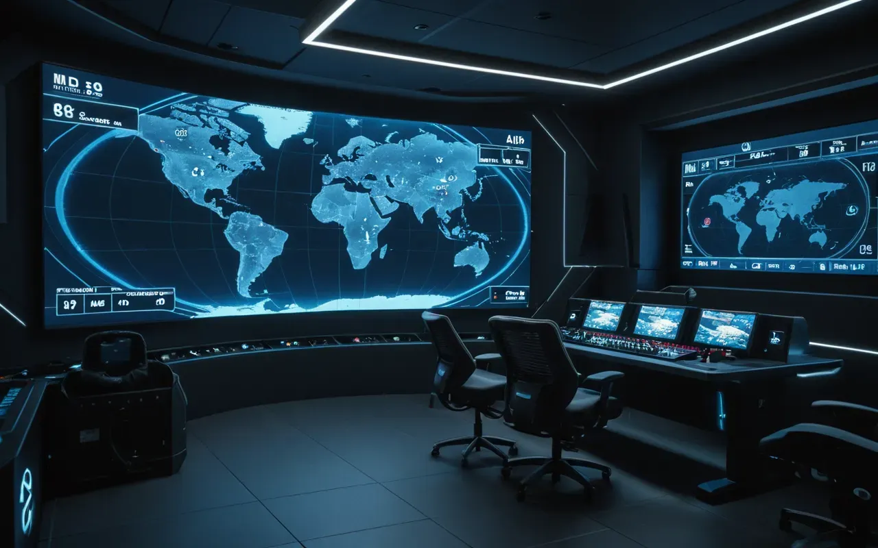 A realistic scene inside a dimly lit gaming room featuring a large curved screen showing abstract blue geometric shapes resembling tactical map data with soft ambient lighting from LED strips behind the desk.