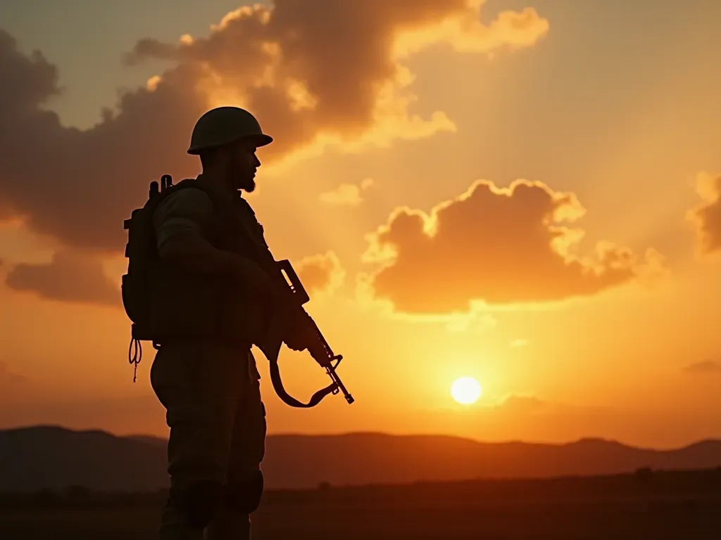soldier silhouette art A silhouette of a soldier holding a rifle against a bright sunset sky with dramatic clouds and no visible text or identifying marks on the uniform