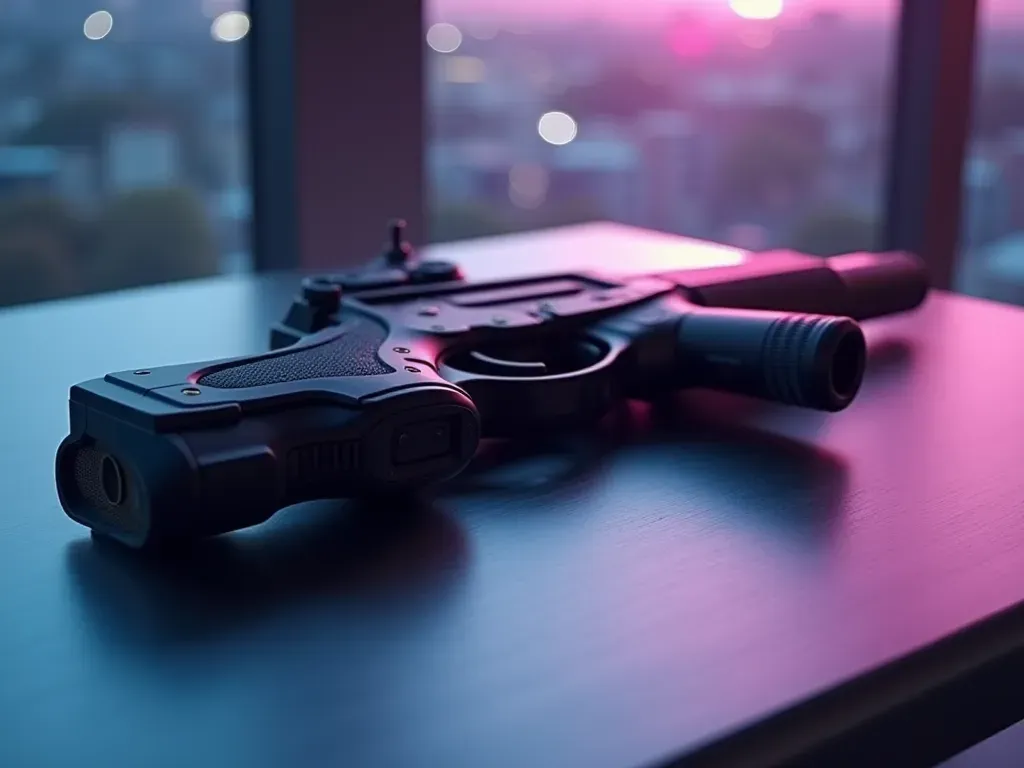 A sleek futuristic weapon resting on a brushed metal table with soft ambient lighting casting long shadows and a blurred background of indigo and violet hues creating a moody atmosphere.
