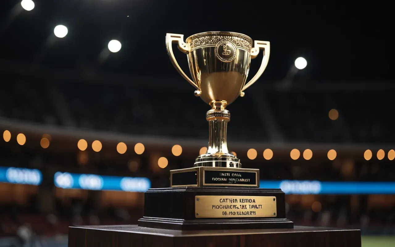 A sleek metallic trophy sitting on a dark wooden pedestal in a spotlight. The background is blurred bokeh lights suggesting a tournament arena atmosphere. The lighting emphasizes the texture and reflection of the metal surface without any text.
