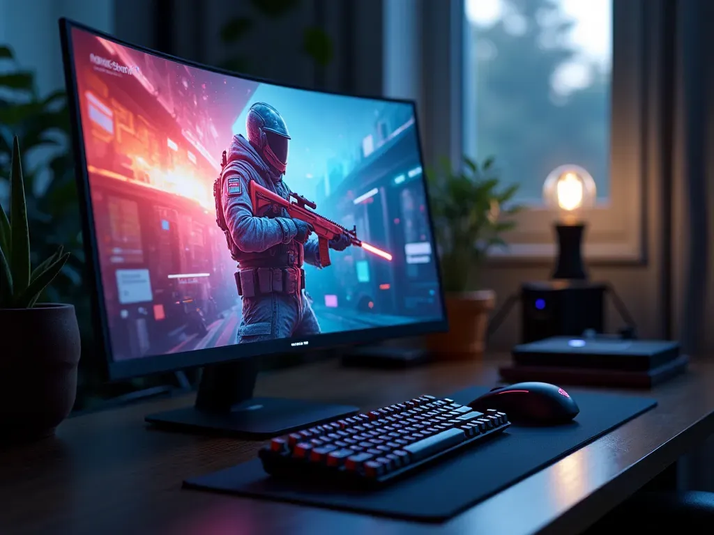A sleek modern gaming setup featuring a curved monitor displaying a vibrant tactical shooter interface, with a mechanical keyboard and gaming mouse resting on a clean desk under soft ambient lighting