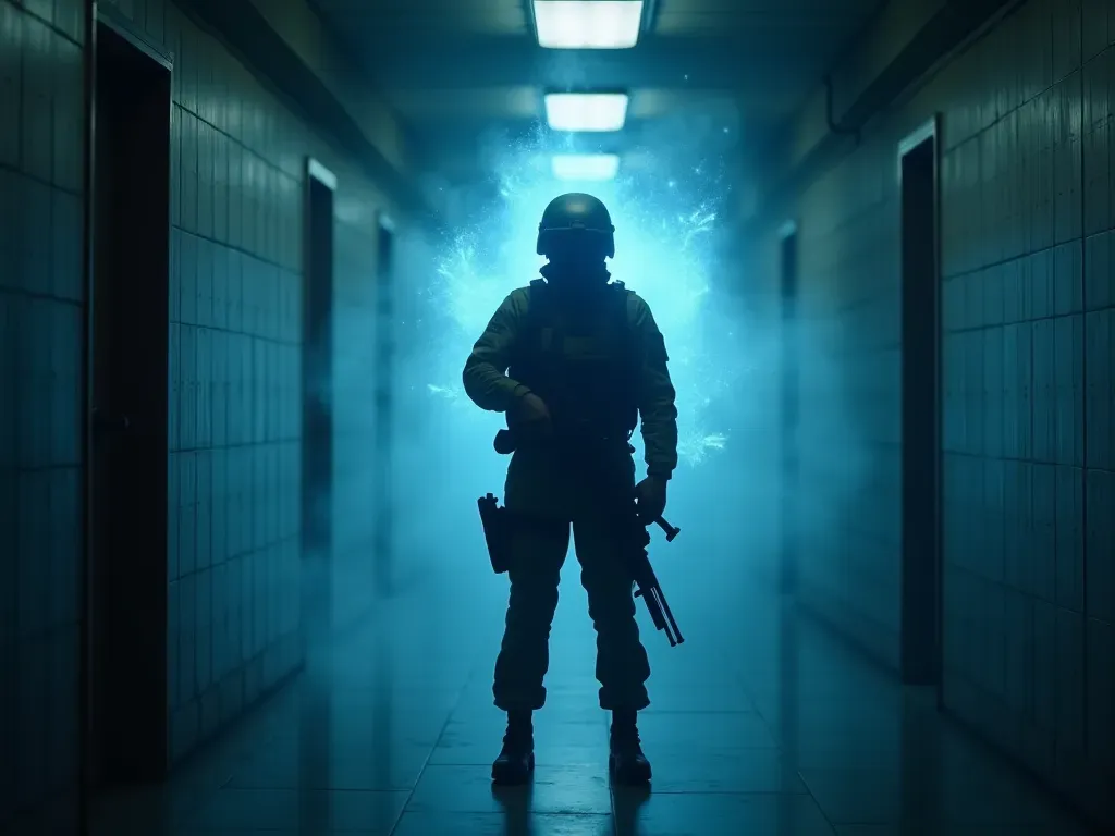 A soldier standing in a dimly lit corridor with a shimmering blue energy field distorting their silhouette indicating temporary invisibility while holding a futuristic assault rifle