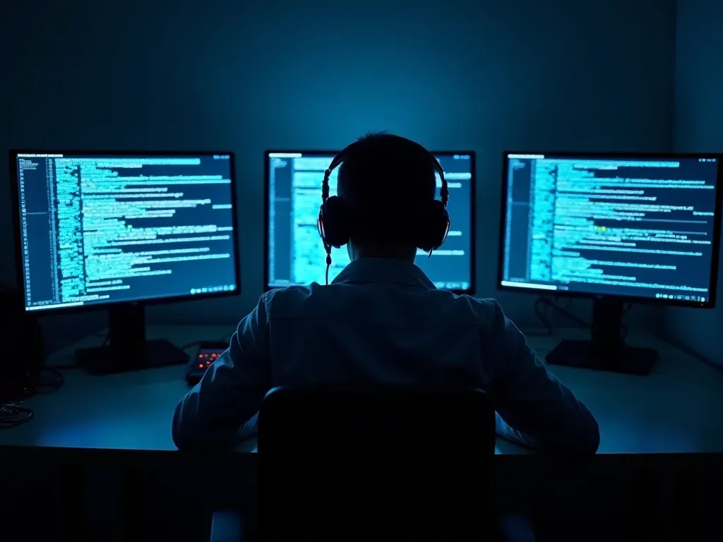 A solitary gamer sitting in a dark room illuminated only by the blue light of multiple computer monitors displaying static code and broken connection symbols suggesting information blackout