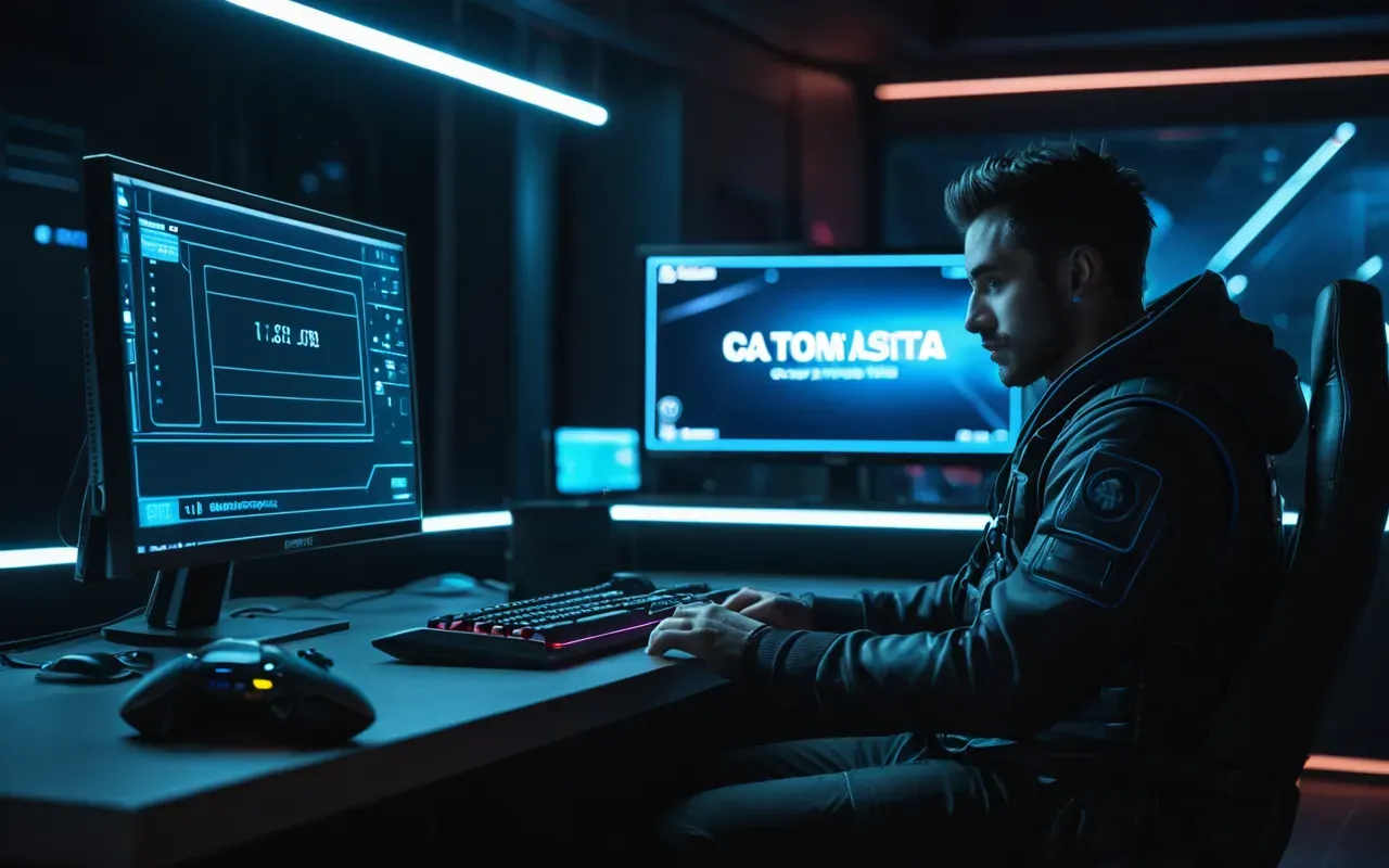 A solitary gamer sitting in a dimly lit room with blue LED strip lighting behind the desk. The monitor glows brightly showing a futuristic sci-fi shooter interface. The player is leaning forward intently hands on controller. Realistic photography style.
