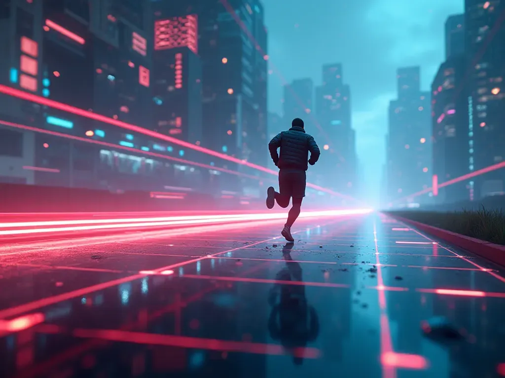 A split composition showing a blurred motion trail of a player sprinting across a digital landscape with neon grid lines and abstract geometric shapes floating in the air against a black background.