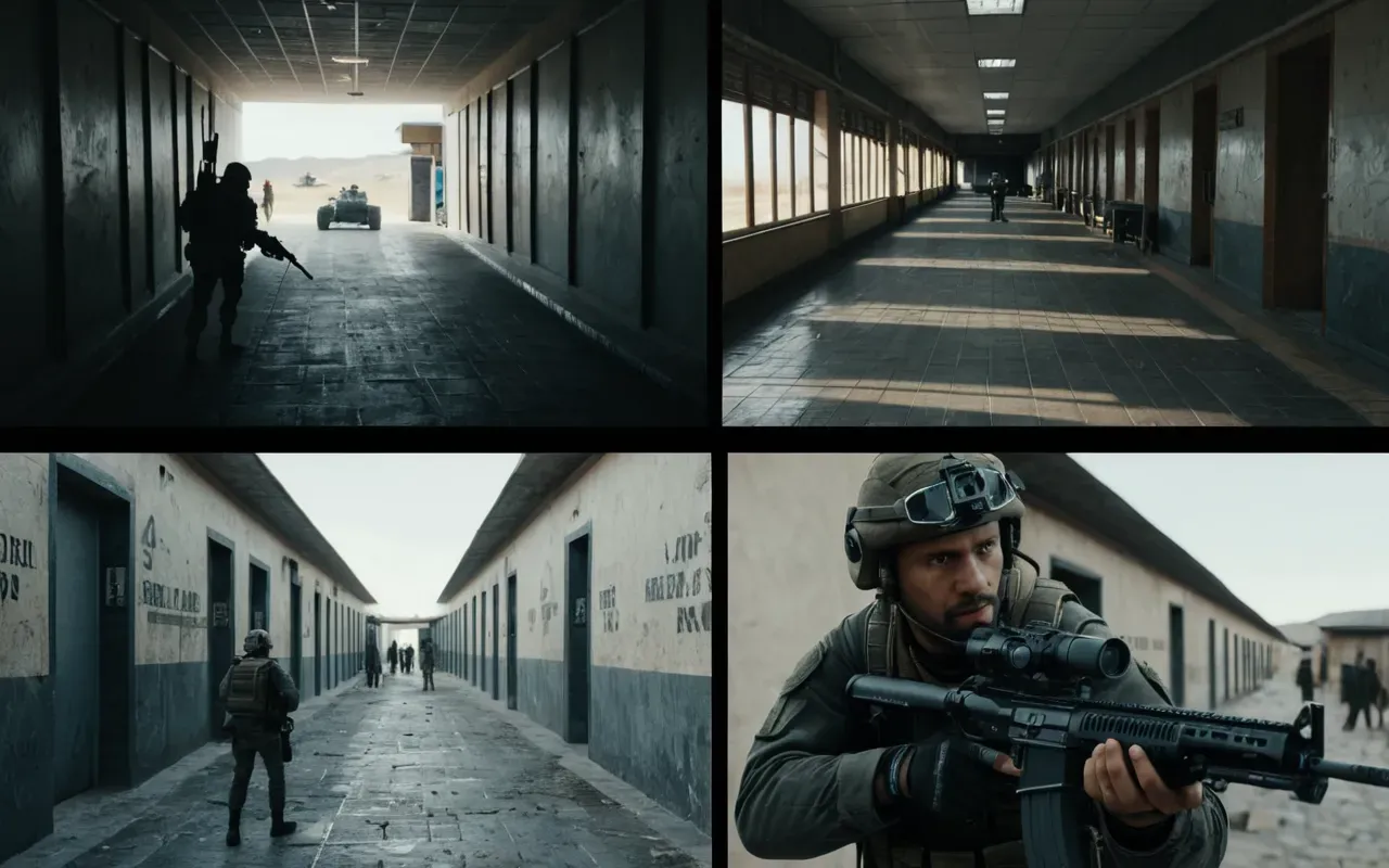 A split screen composition showing a chaotic battlefield on the left and a calm player aiming at drones in an empty corridor on the right. The contrast emphasizes strategic choice versus brute force.
