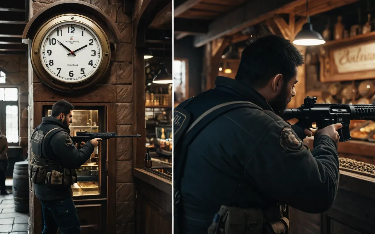 A split screen image showing a clock ticking down rapidly on the left and a player character reloading their weapon urgently on the right side.