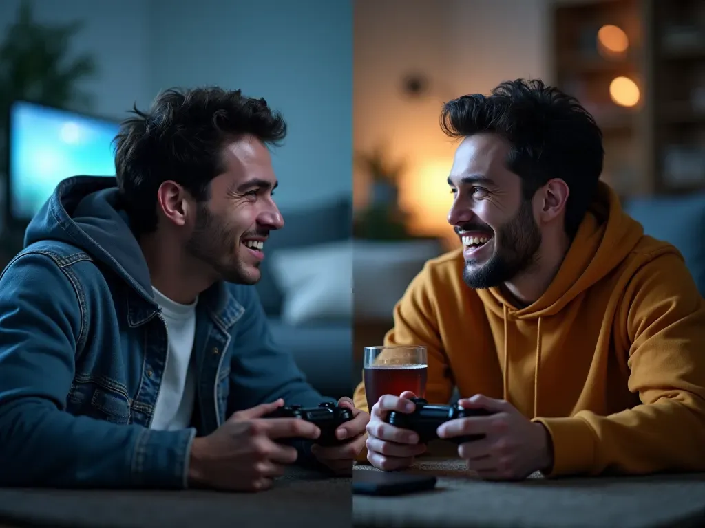 A split screen image showing two gamers facing each other. One looks frustrated holding a controller tightly while the other smiles relaxed with a drink nearby.
