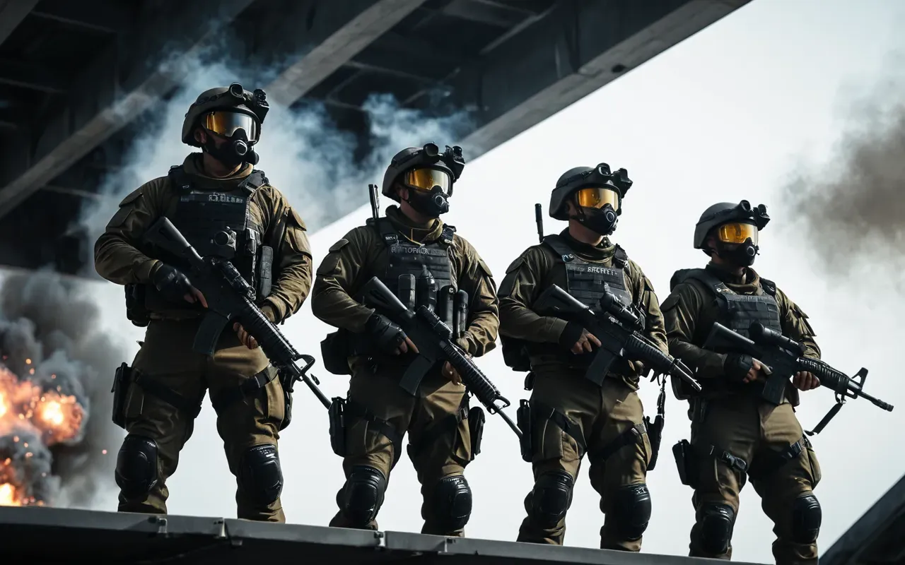 A squad of four soldiers in futuristic tactical gear standing on a metal platform looking up at exploding drones with bright muzzle flashes illuminating their faces.