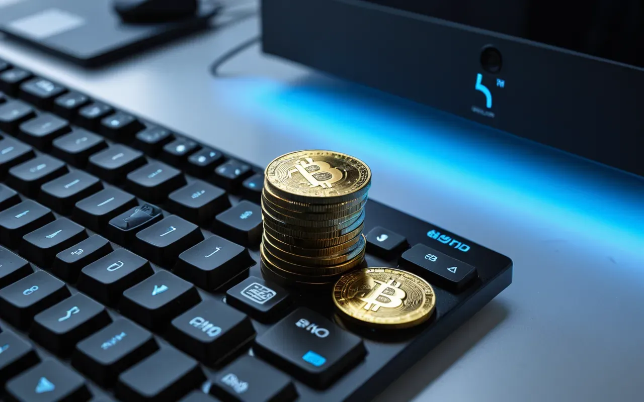 digital currency gaming economy A stack of digital coins floating above a gaming keyboard with soft blue light reflecting off the keys in a modern minimal room setting.
