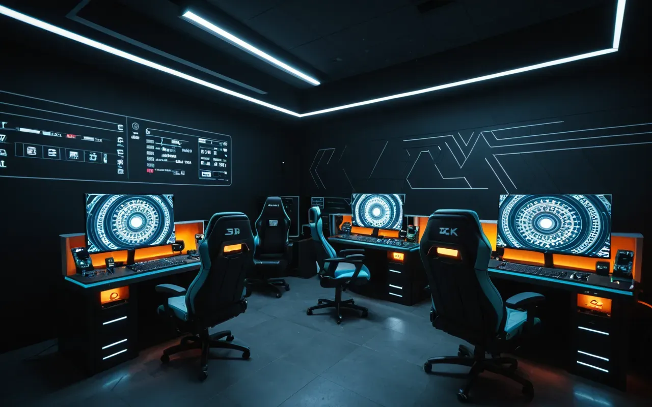 A wide angle shot of a dimly lit modern room with gaming chairs and glowing monitors displaying abstract geometric patterns without any readable text or interface elements visible on the screens
