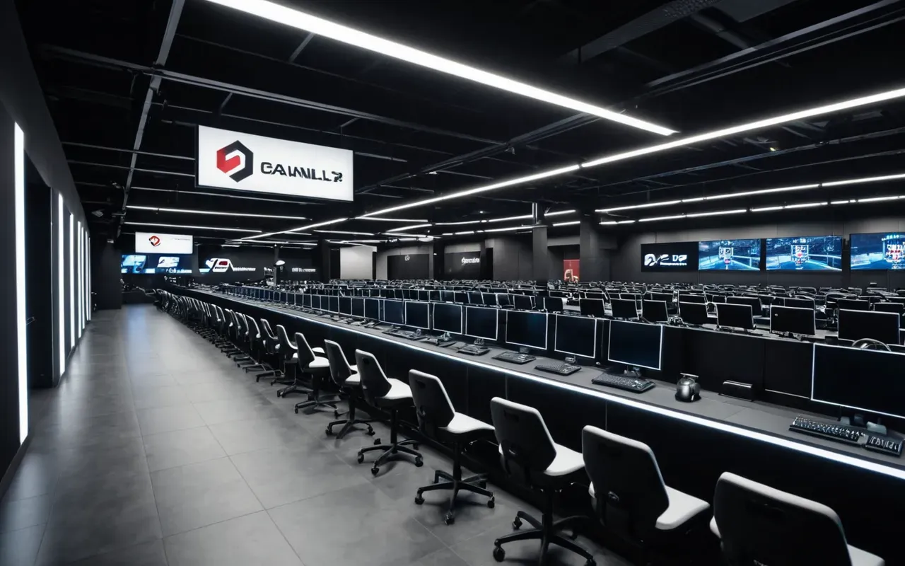 A wide angle shot of a modern esports arena with rows of sleek gaming stations under bright white overhead lights creating sharp reflections on the polished black floor.