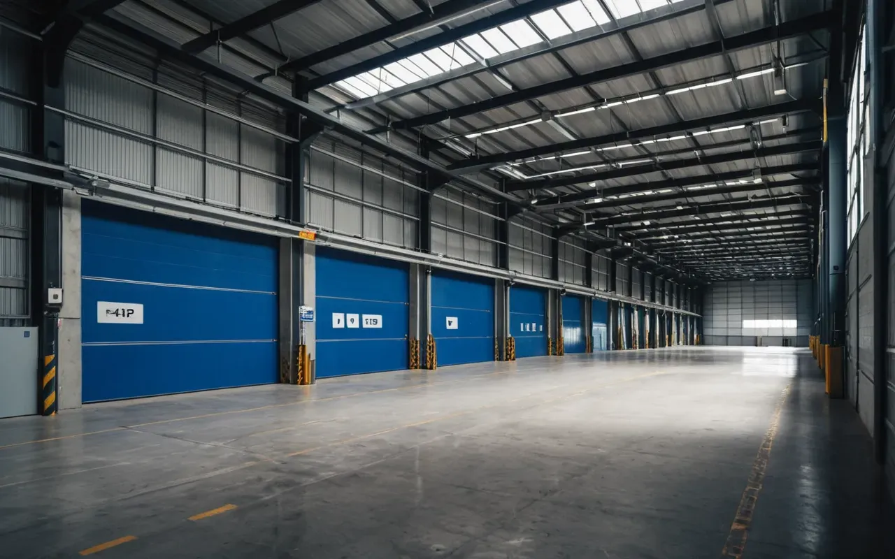 A wide angle shot of a modern industrial warehouse interior with concrete floors and metal beams where two translucent blue shields are propped up against each other forming an improvised barrier.