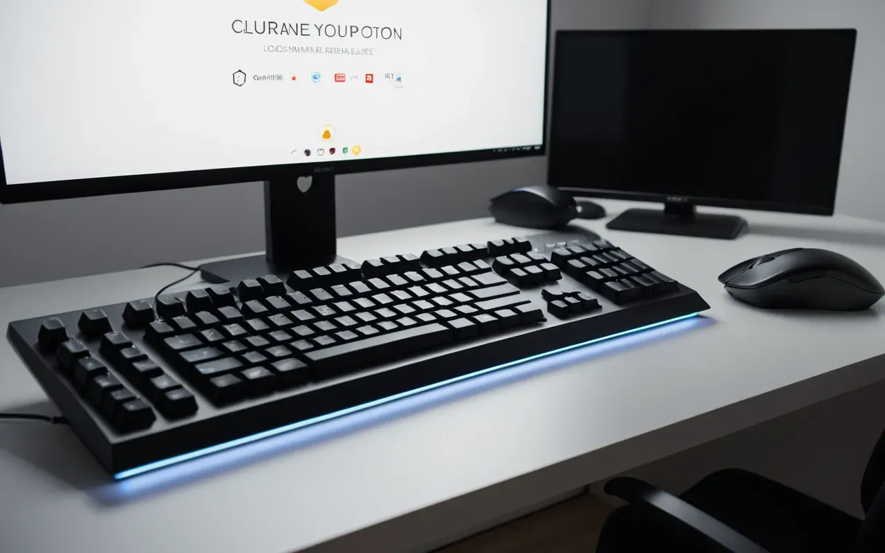 A wide angle view of a clean modern desk setup with a high-end mechanical keyboard and mouse illuminated by warm white LED strips in a minimalist room.