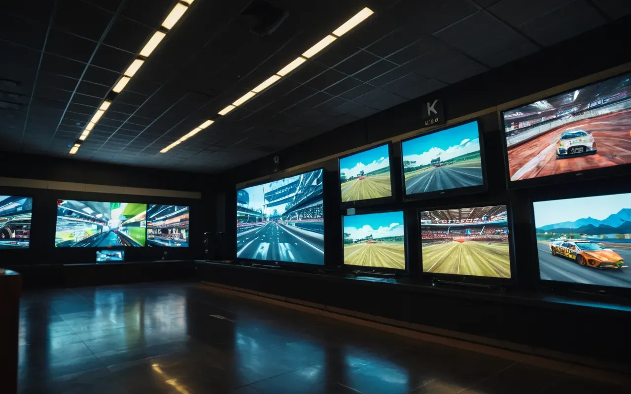 A wide shot of a dimly lit room with multiple television screens displaying abstract colorful graphics that resemble fast-paced action game visuals. The focus is on the glow of the screens reflecting off the floor, creating an immersive atmosphere without showing any specific characters or text.
