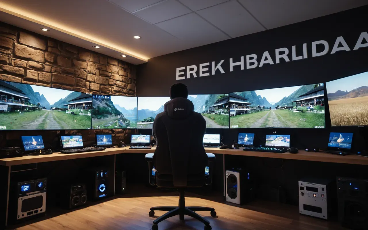 relaxed gaming environment A wide shot of a gaming room with multiple screens showing different game scenes and a person sitting comfortably in an ergonomic chair looking relaxed.