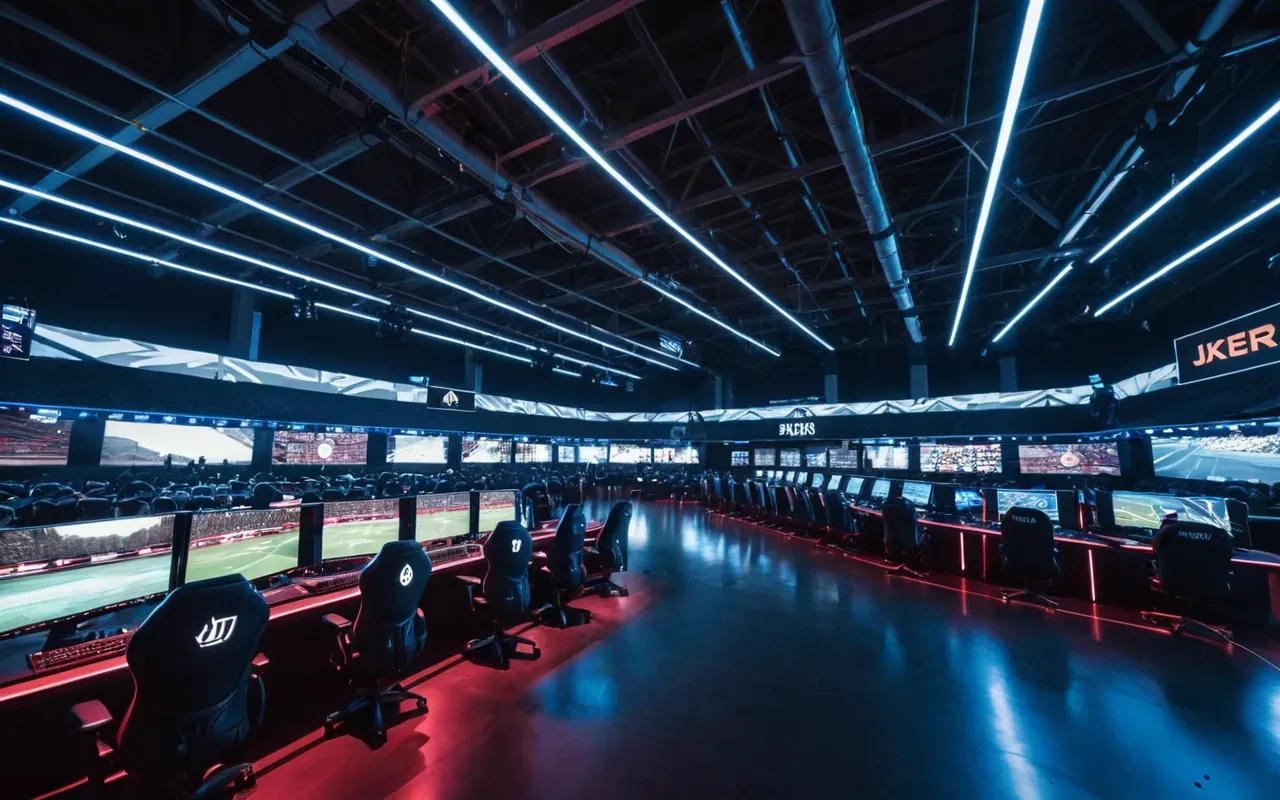 A wide shot of a modern esports arena with rows of gaming stations under bright overhead lights and abstract geometric lighting effects.