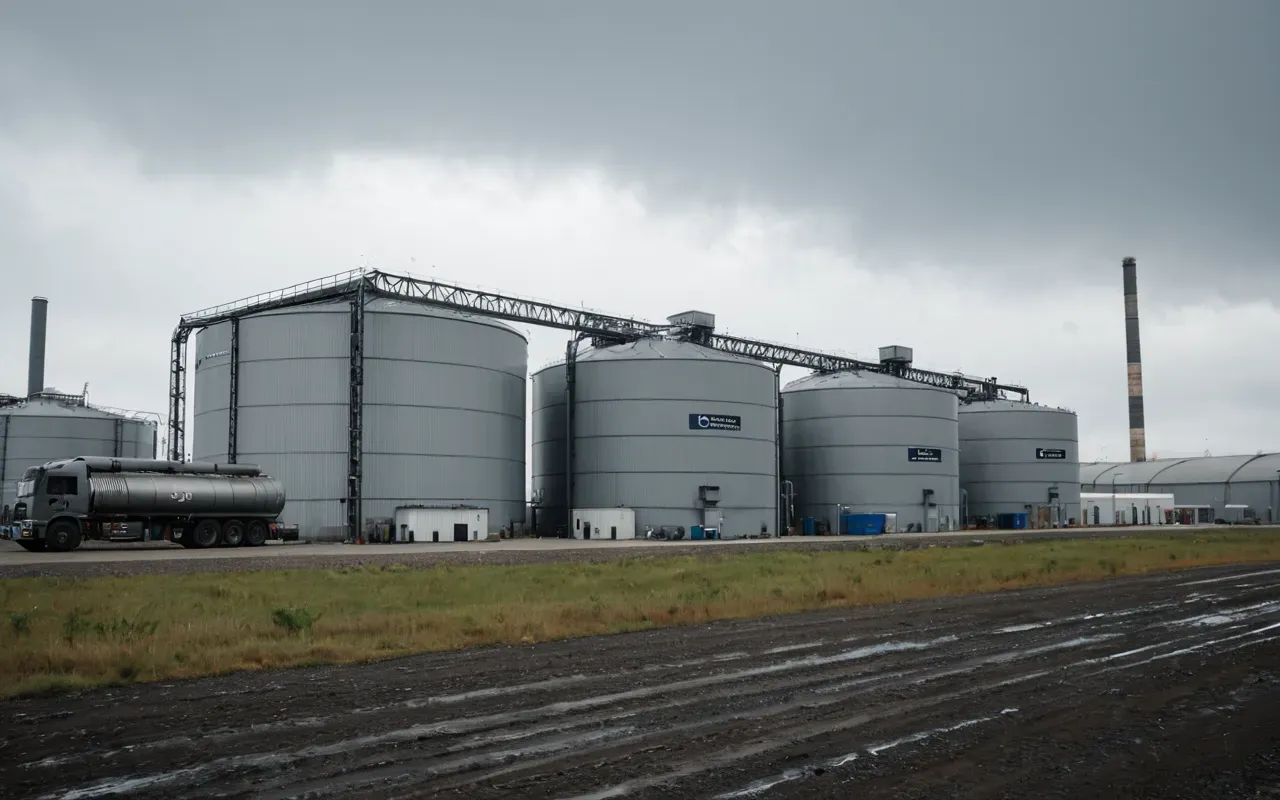 A wide shot of a modern industrial facility exterior with metal structures and large tanks under an overcast sky showing the scale of the environment without any people or signage