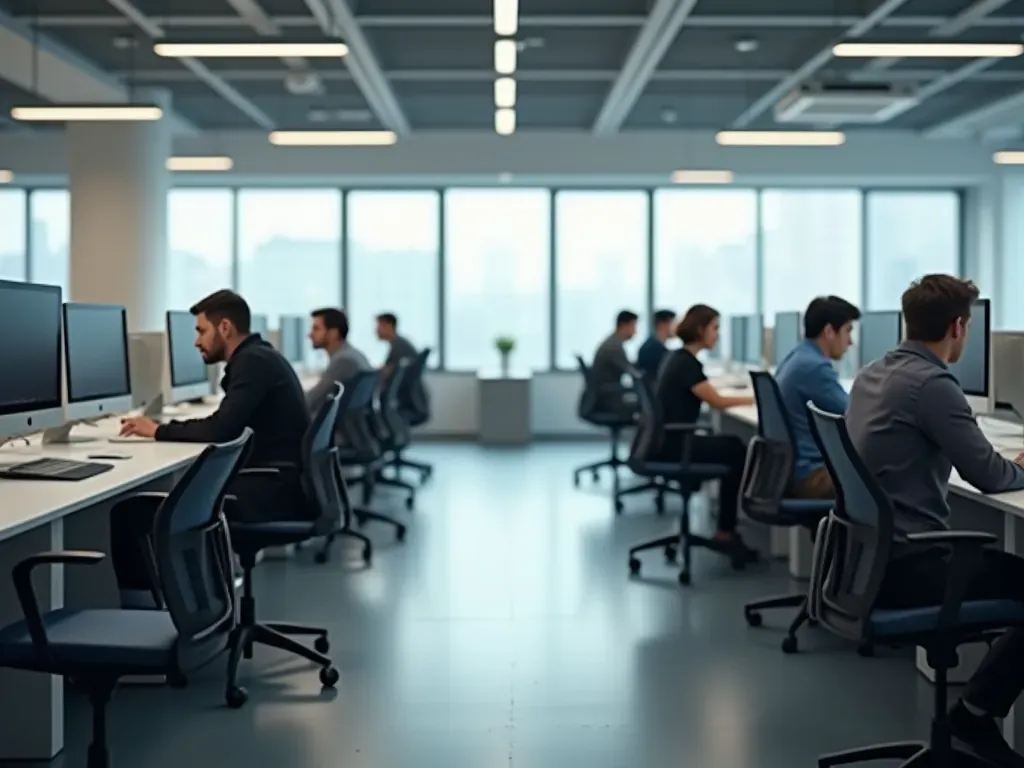 A wide shot of a modern office space with several people sitting at desks working on computers in a bright environment.